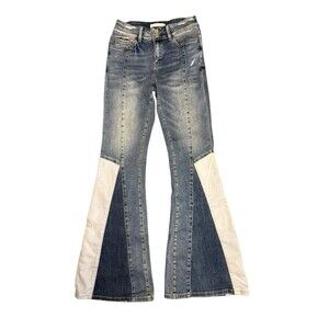 Vervet Blue Super Flare Jeans Womens High Rise Boho Patchwork Midwash Denim 27